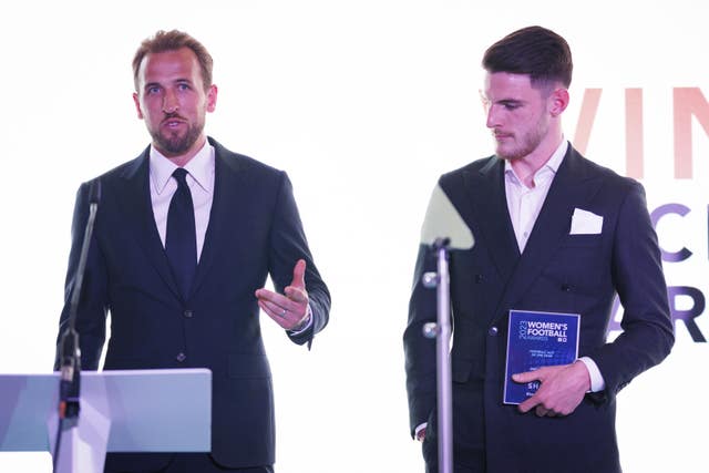 Harry Kane (left) and Declan Rice speaking at the Women’s Football Awards (Belinda Jiao/PA)