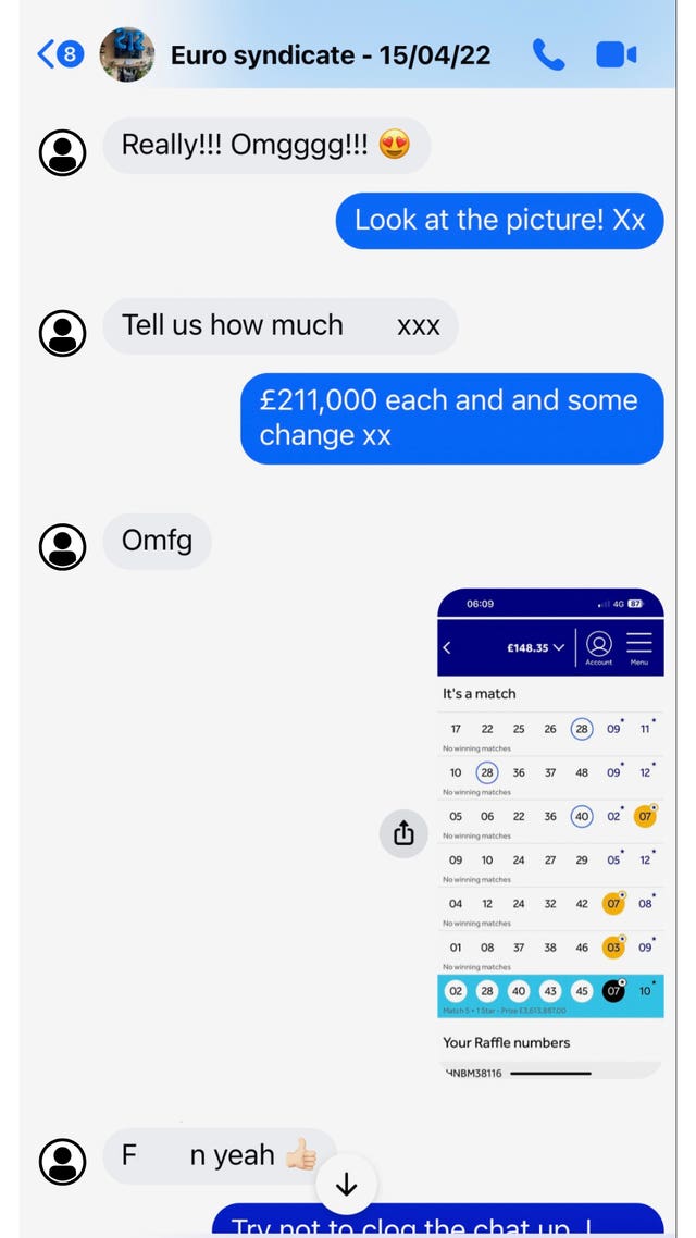 A Facebook group chat between the winning members of the West Is Best lottery syndicate
