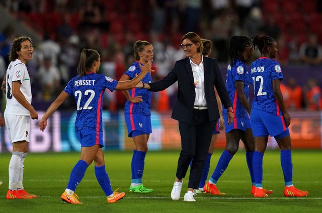 Corinne Diacre, centre, has guided France beyond the quarter-finals of a European Championship for the first time