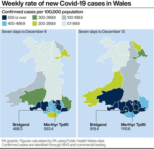 Weekly rate of new Covid-19 cases in Wales