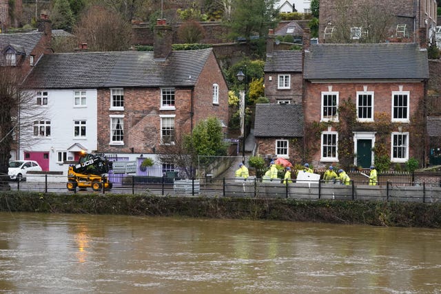 flood defences being put in place along the wharfage at Ironbridge in Telford