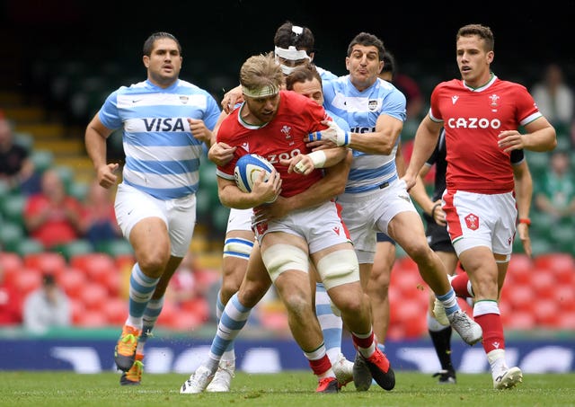 Wales' Aaron Wainwright carries the ball during the Summer Series match against Argentina