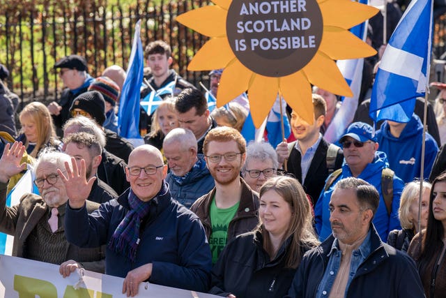(Left to right) Actor Brian Cox, First Minister John Swinney co-leaders of the Scottish Greens Ross Greer and Gillian Mackay at a rally for independence organised by Believe in Scotland. 