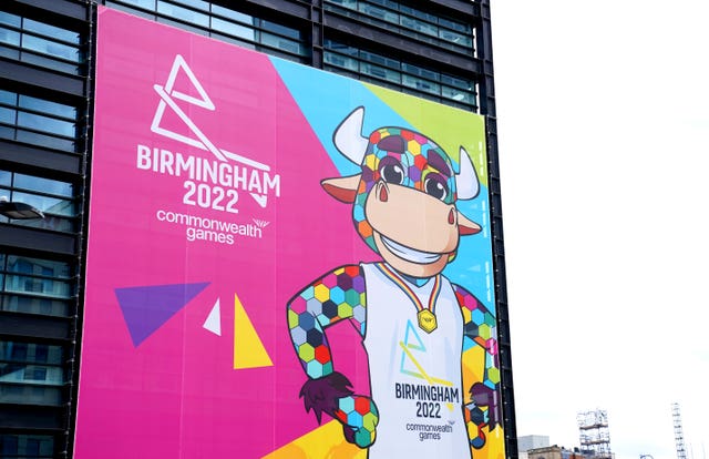 Signage for the Birmingham 2022 Commonwealth Games featuring Perry the Bull, the event mascot