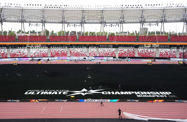 A general view from inside the National Athletics Center as preparations take place ahead of the World Athletics Ultimate Championship in Budapest, Hungary