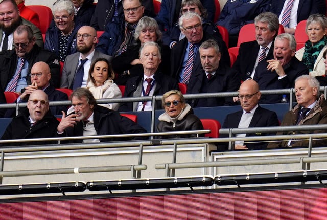 Manchester United owner Avram Glazer (bottom left), minority owner Sir Jim Ratcliffe and Dave Brailsford (front row), plus new technical director Jason Wilcox (second row) all watched on at Wembley 