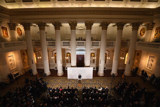 Prime Minister Theresa May delivers a speech at the Mansion House in London on the UK’s economic partnership with the EU after Brexit. (Leon Neal/PA)