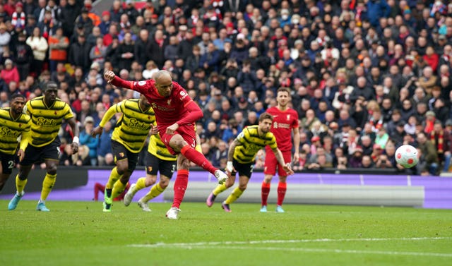 Fabinho's spot-kick helped Liverpool beat Watford 2-0 and keep the pressure on Premier League leaders Manchester City