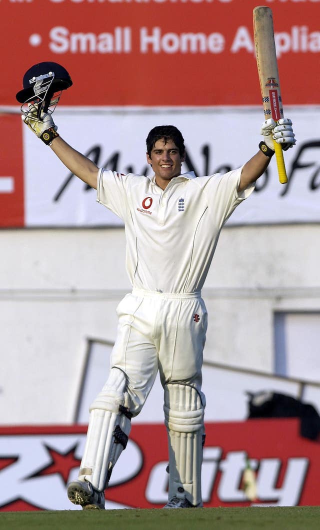 Alastair Cook celebrates a century against India at Nagpur in 2006