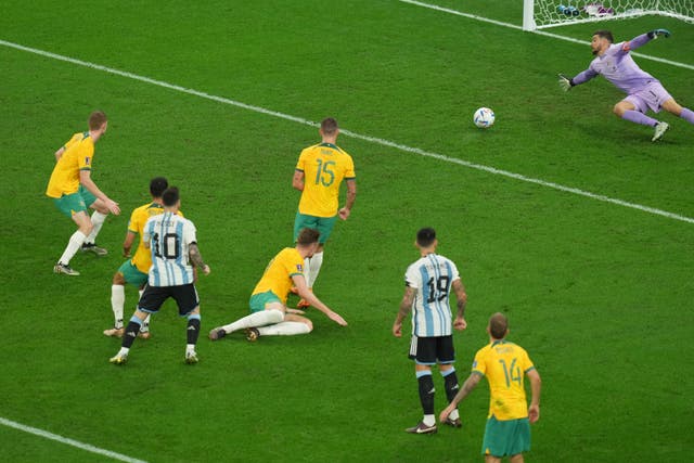 Messi, number 10, broke the deadlock against Australia by scoring the game's first goal 