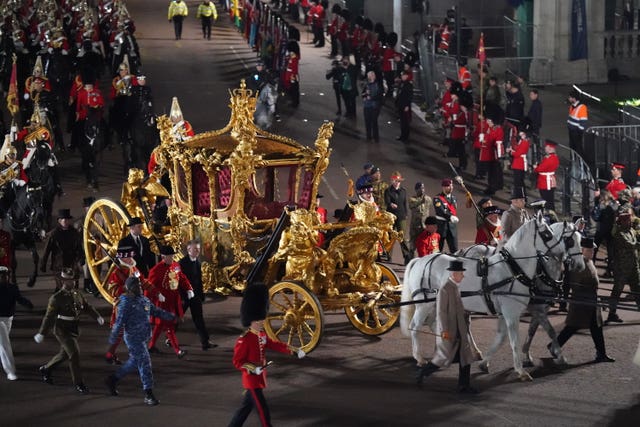 A night time rehearsal in central London for the coronation of King Charles III, which will take place this weekend. Picture date: Wednesday May 3, 2023