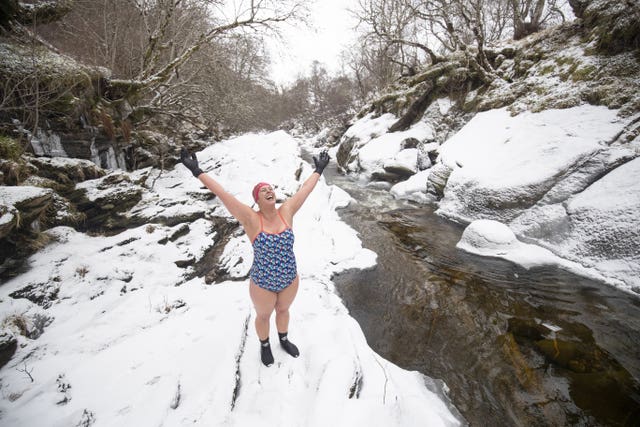 Alice Goodridge after her swim in the frozen waters of the River Calder in Glen Banchor in the Cairngorms 