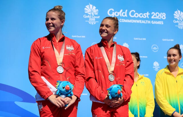 England's Alicia Blagg, right, and Katherine Torrance finished with 3m synchronised springboard silver