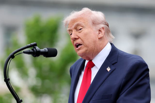 US President Donald Trump speaking into a microphone outside