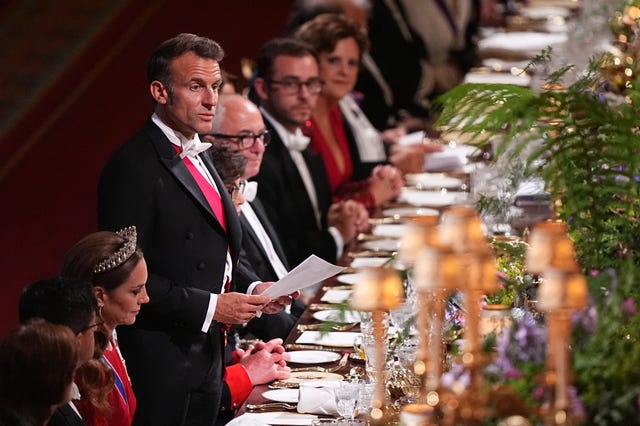 President of France Emmanuel Macron speaking at the state banquet at Windsor Castle, Berkshire