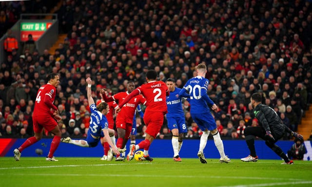 Chelsea’s Conor Gallagher, second left, goes down under a challenge from Liverpool’s Virgil van Dijk, left, in January's Premier League clash