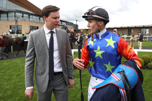 Jockey Dylan Browne McMonagle (right) with trainer Joseph O’Brien at the Curragh