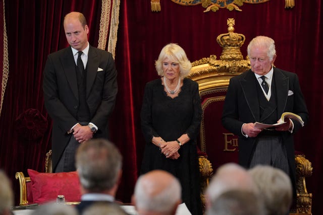 King Charles III and the Queen with the new Duke of Wales during the Accession Council at St James’s Palace
