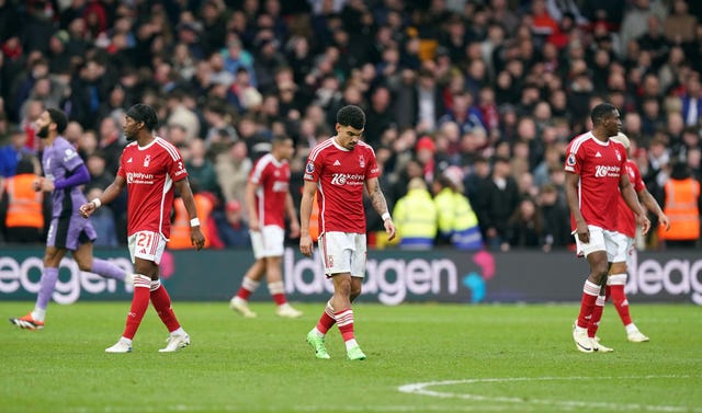Nottingham Forest look dejected after losing to Liverpool