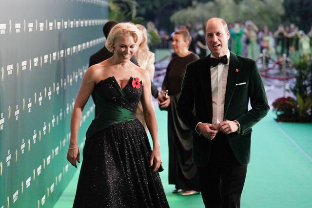 Hannah Waddingham walks with the Prince of Wales as he arrives for the 2023 Earthshot Prize awards ceremony at The Theatre at Mediacorp, Singapore 
