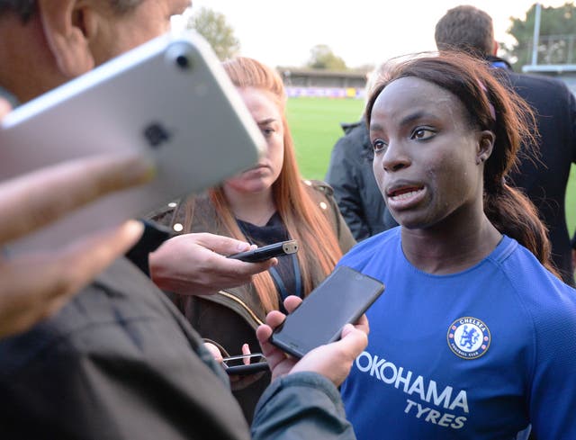 Eni Aluko talks to reporters during her Chelsea days