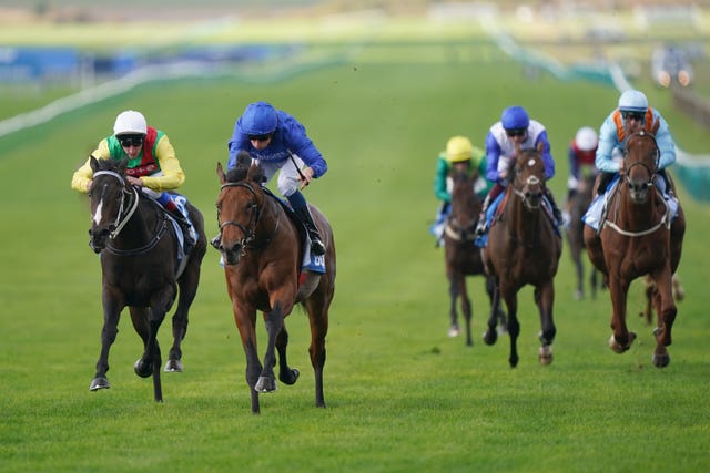 Blanchland (left) on the way to finishing second in the Zetland Stakes 