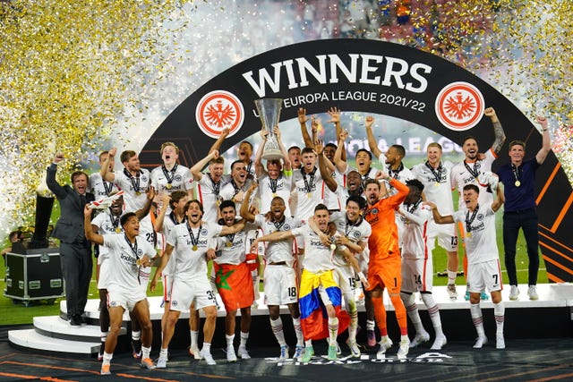 Eintracht Frankfurt players celebrate following the UEFA Europa League Final