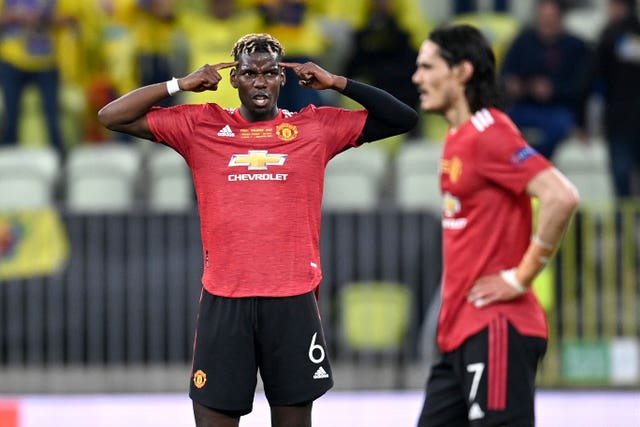 Manchester United’s Paul Pogba gestures during the UEFA Europa League final, at Gdansk Stadium, Poland.