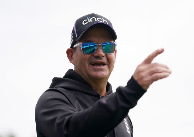 England men’s white-ball cricket coach Matthew Mott points his finger during a nets session