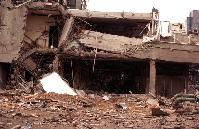 A building near the South Quay Docklands Light Railway in London after a rush-hour explosion which killed two people in 1996 