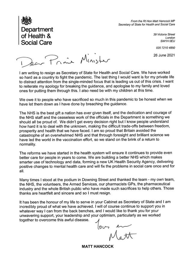 Matt Hancock S Resignation Letter In Full And Boris Johnson S Written Reply Heraldscotland