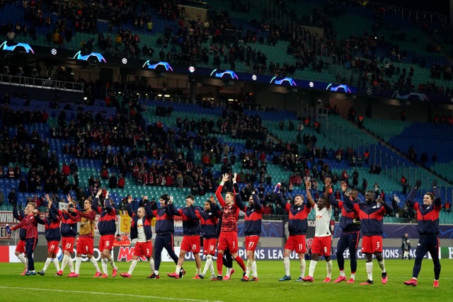 RB Leipzig players celebrate at the end of a game