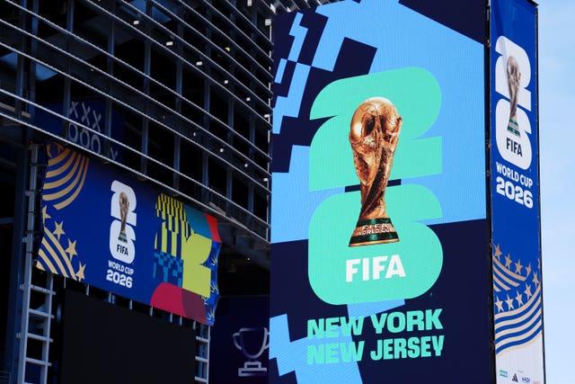 Fifa World Cup signage at the New York New Jersey Stadium in East Rutherford, commonly known as the MetLife Stadium