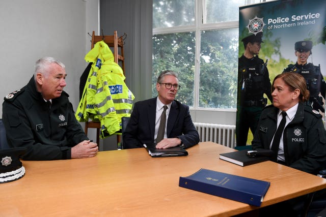 Prime Minister Sir Keir Starmer with PSNI Chief Constable Jon Boutcher meeting police officers during a visit to PSNI College at Garnerville in Belfast