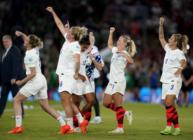 England celebrate after beating Northern Ireland 5-0 on Friday night to finish top of their group at Euro 2022