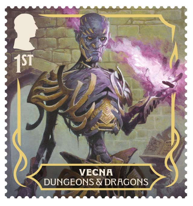 Mauve Vecna monster on a first class stamp