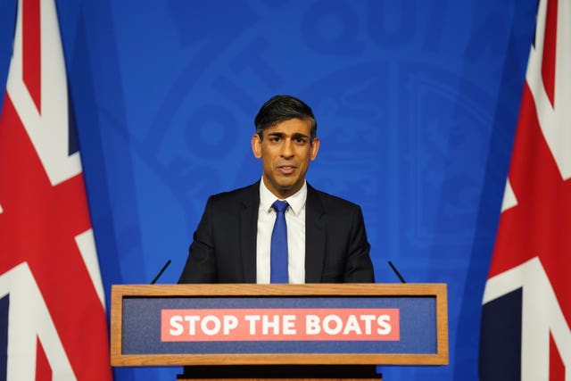 Prime Minister Rishi Sunak during a press conference in the Downing Street Briefing Room as he gives an update on the plan to 'Stop the Boats' and illegal migration in December 2023