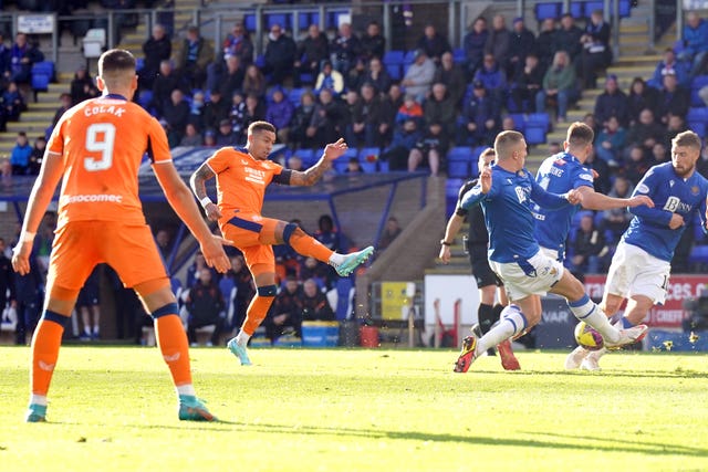 James Tavernier, second left, scores Rangers’ goal