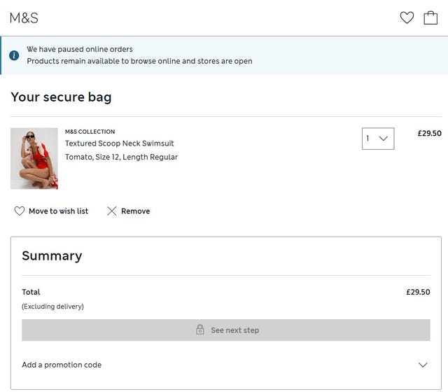 A screengrab taken from retailer Marks & Spencer's website with a message saying online orders have been paused 