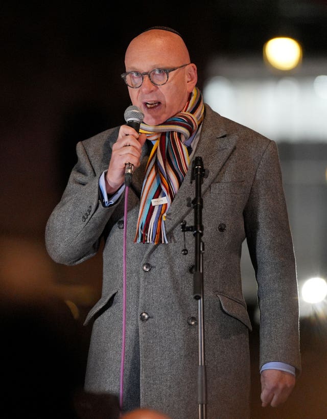 Lord Wolfson of Tredegar speaks at an event in Westminster, central London, to mark Hanukkah and honour victims of a terrorist attack in Sydney