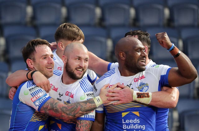 Leeds players celebrate a try
