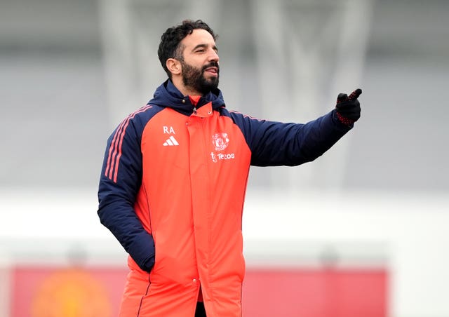 Ruben Amorim gives instructions during a Manchester United training session