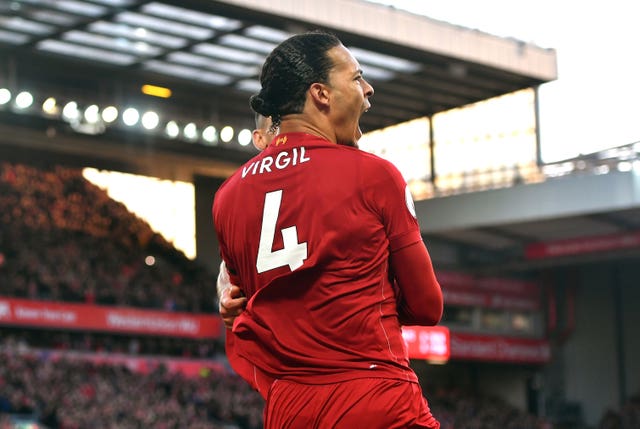 Virgil van Dijk celebrates his first goal against Brighton