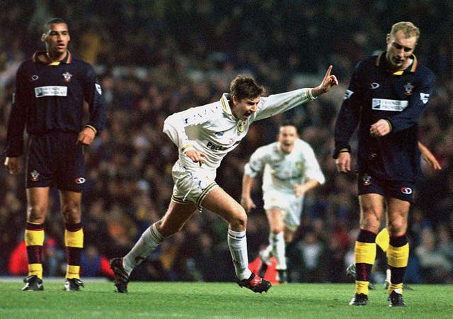 Michael Bridges celebrates scoring Leeds' late winner against Southampton in November 1999