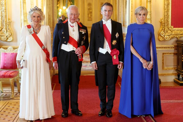 The Queen and the King with France’s President Emmanuel Macron and wife Brigitte at a state banquet at Windsor Castle, Berkshire