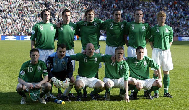 The Republic of Ireland squad, including Lee Carsley, line-up ahead of a European Championship qualifying match against Wales