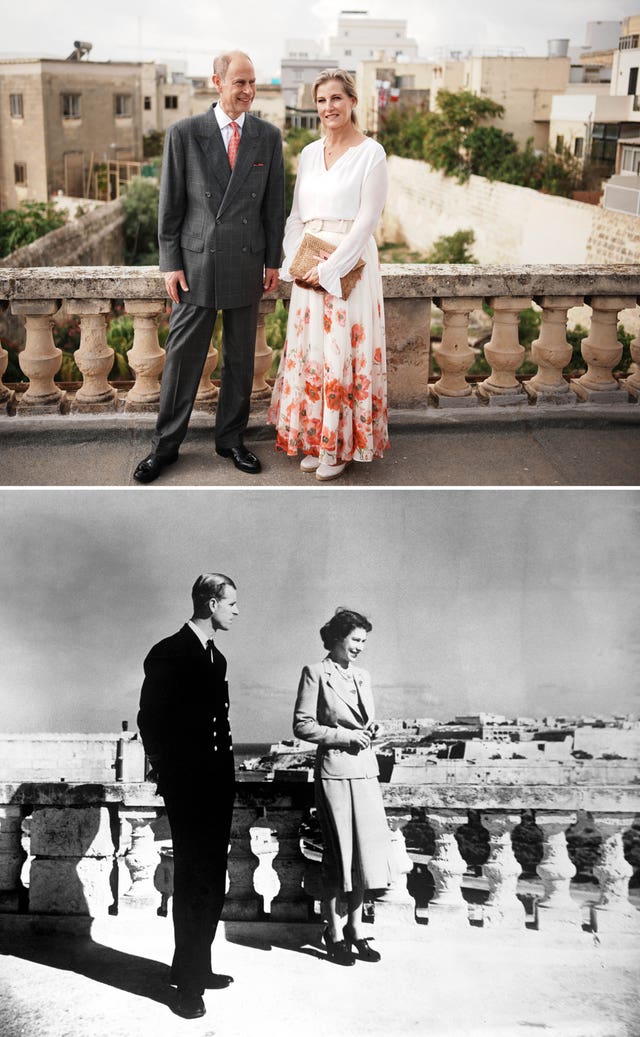 Composite of photos from 2024 of the Edward and Sophie and from 1949 of Queen Elizabeth II and the late Duke of Edinburgh