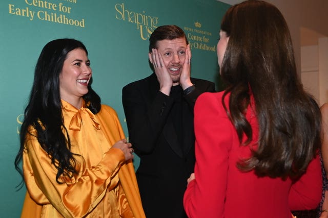 The Princess of Wales speaks to Karima McAdams and Professor Green as she attends a pre-campaign launch event for the Shaping Us campaign at Bafta, London, hosted by the Royal Foundation Centre for Early Childhood 