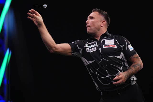 Gerwyn Price in action at the Grand Slam of Darts
