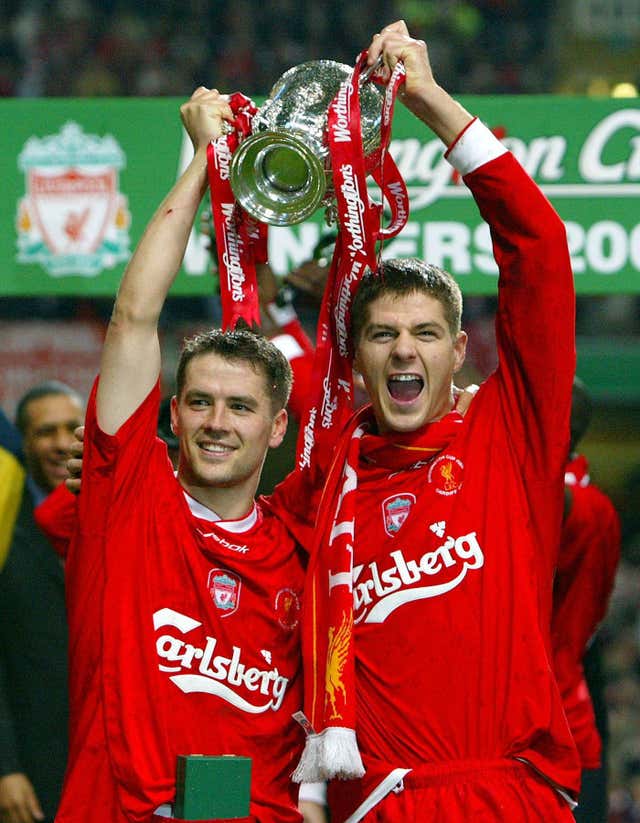 Owen (left) and Steven Gerrard (right) both scored as Liverpool beat Man Utd in the 2003 League Cup final